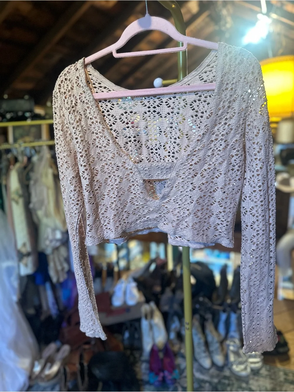 Free People Crochet Lace Long Sleeve Top in Light Beige